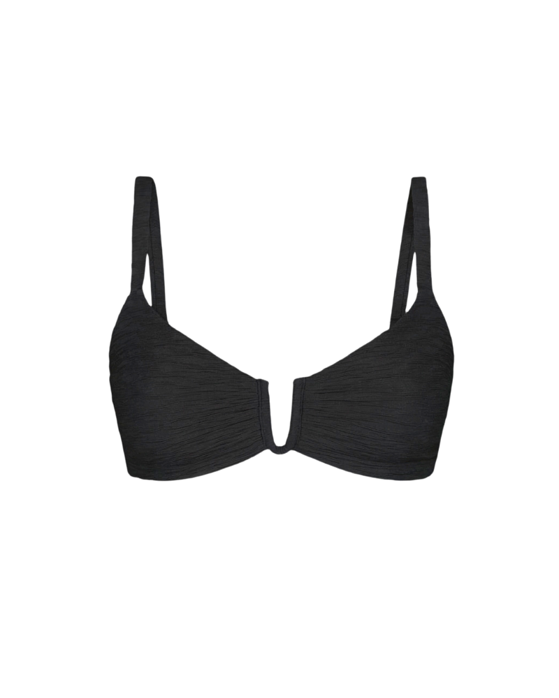Black textured wave arc top with thin straps and deep V-front, front view