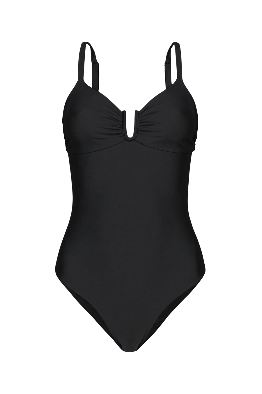 Black one-piece swimsuit with ruched bust and U-shaped neckline, front view, smooth fabric, thin straps