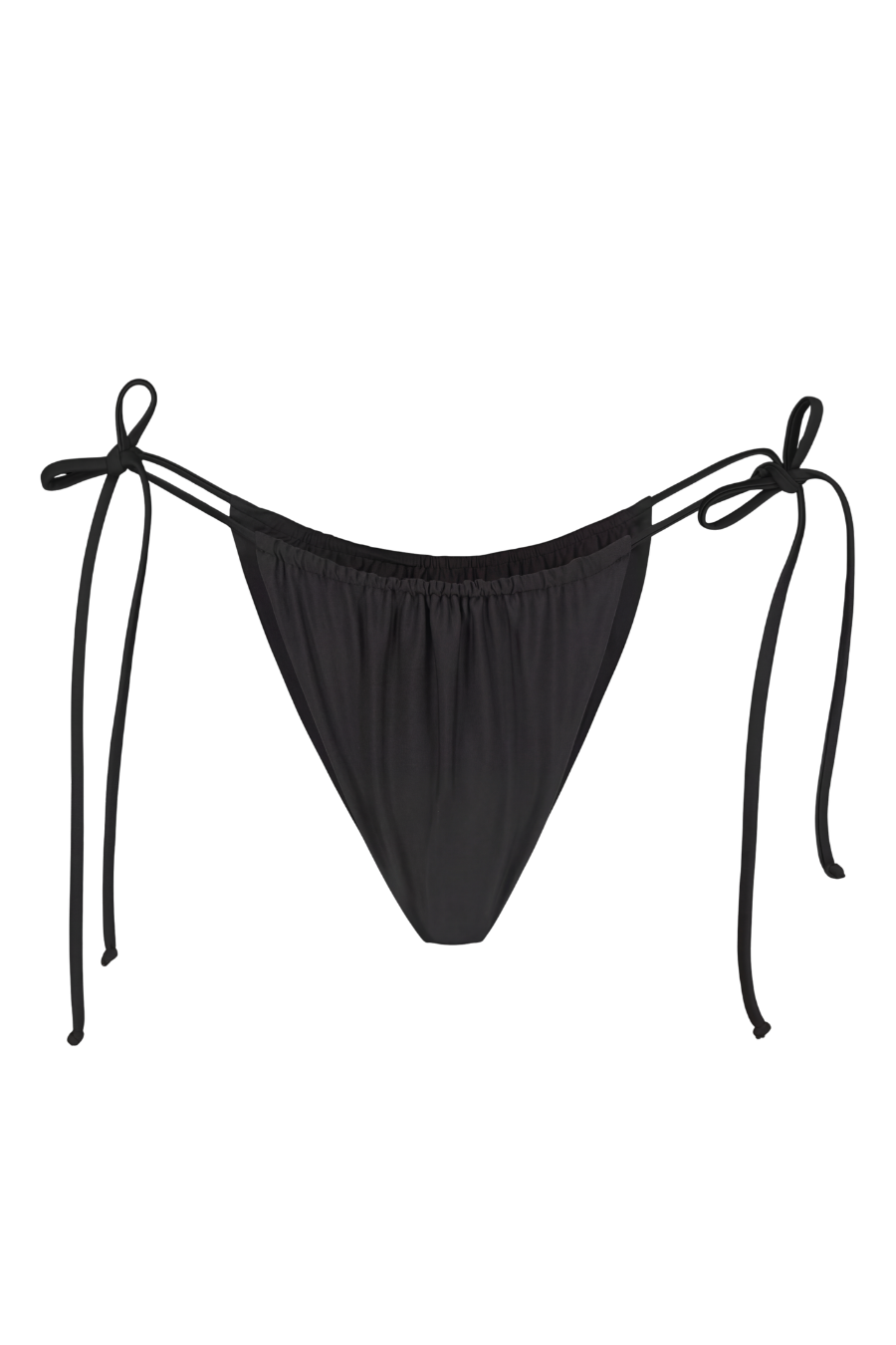 Black tie-side bikini bottom with adjustable strings and elastic waistband, front view