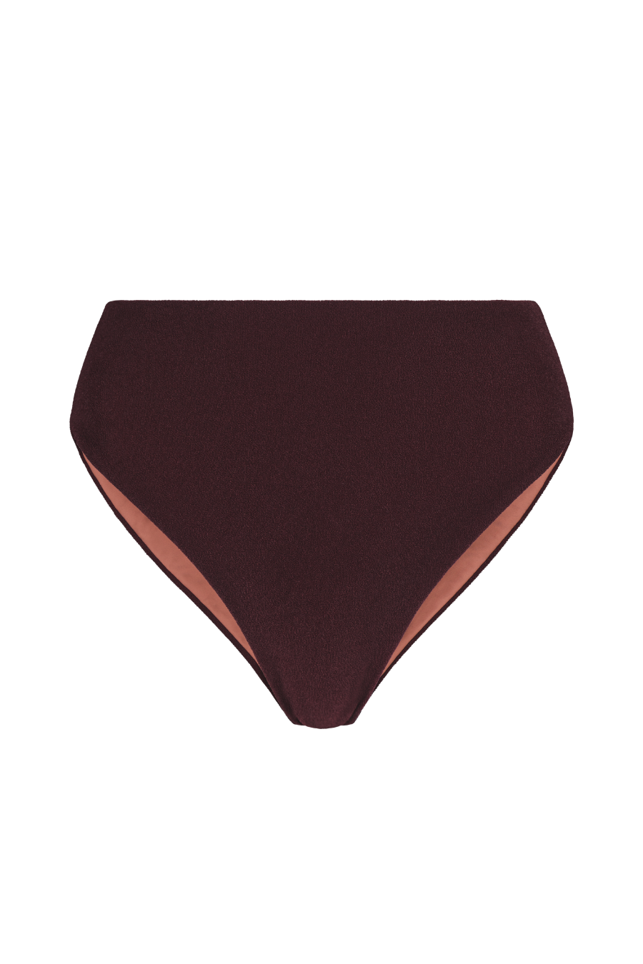 Dark brown high-leg bikini bottoms with textured fabric and terracotta lining, front view.