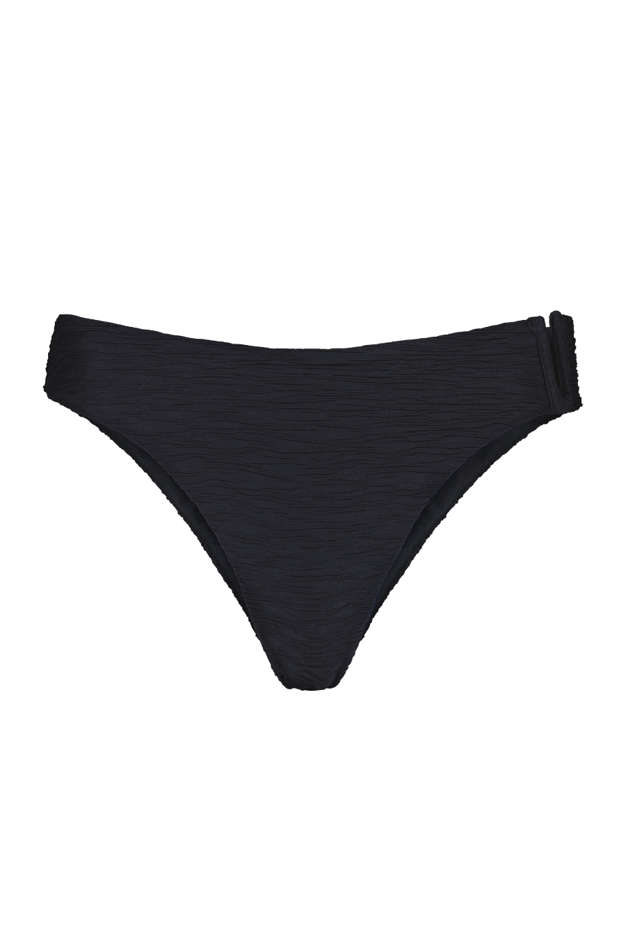 Black textured bikini bottom with wave-like crinkle pattern, front view, minimal design