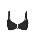 Black textured wave arc top with thin straps and deep V-front, front view