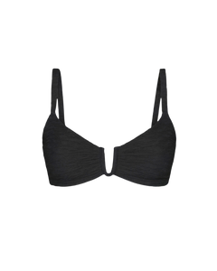 Black textured wave arc top with thin straps and deep V-front, front view