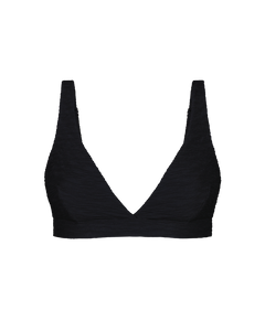 Black textured plunge top with deep V-neck and ribbed fabric, front view, no brand.