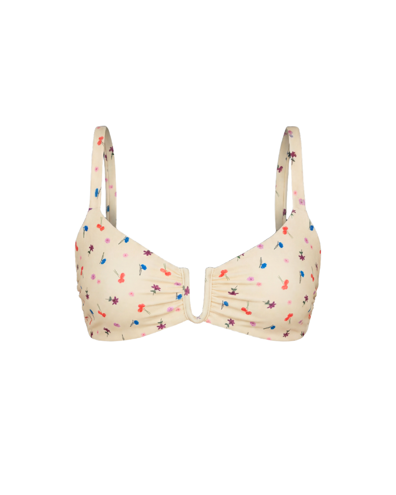 Cream floral-print triangle bikini top with ruched sides and thin straps, front view