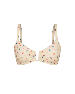 Cream floral-print triangle bikini top with ruched sides and thin straps, front view