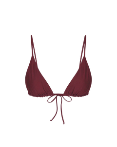 Bordeaux red triangle bikini top with adjustable ties and ruched detailing, front view