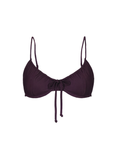 Plum drawstring top with thin straps and front tie, featuring gathered fabric and a cropped fit, shown front view.