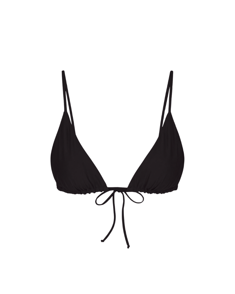 Black triangle bikini top with adjustable straps and front tie, front view, solid color, smooth fabric
