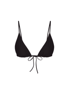 Black triangle bikini top with adjustable straps and front tie, front view, solid color, smooth fabric