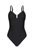 Black one-piece swimsuit with ruched bust and U-shaped neckline, front view, smooth fabric, thin straps