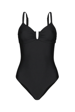 Black one-piece swimsuit with ruched bust and U-shaped neckline, front view, smooth fabric, thin straps