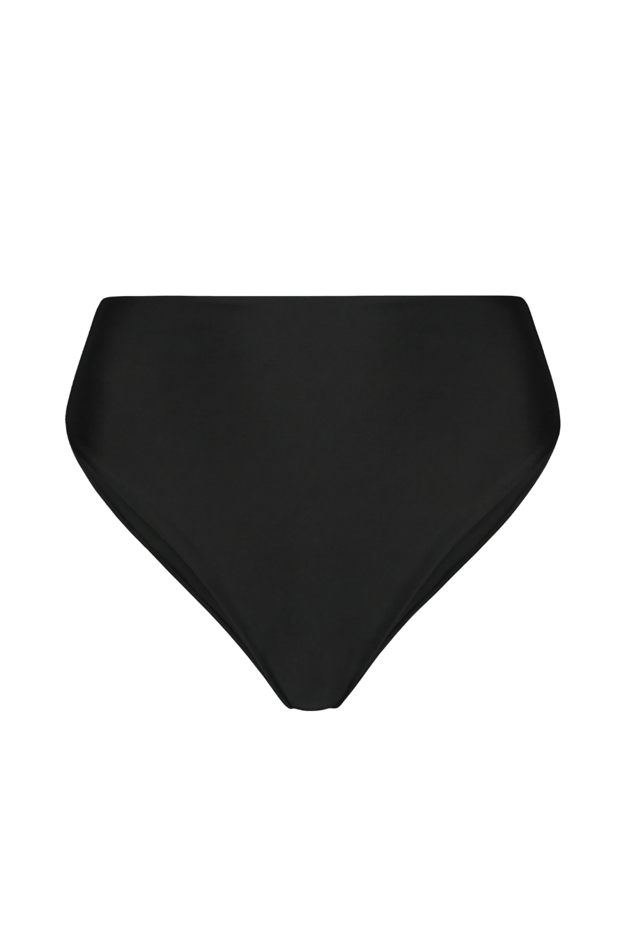 Black high-waisted midi bottoms with smooth matte finish, front view, solid color, minimal design
