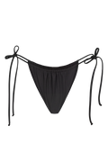Black tie-side bikini bottom with adjustable strings and elastic waistband, front view