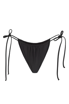 Black tie-side bikini bottom with adjustable strings and elastic waistband, front view