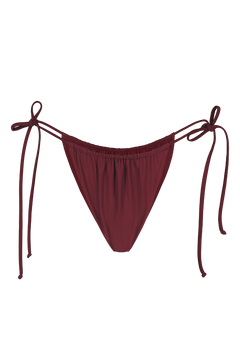 Bordeaux tie-side bikini bottoms with adjustable strings and elastic waistband, front view