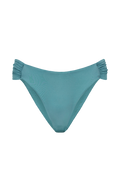 Teal gathered bikini bottoms with ruched side detailing, front view, smooth textured fabric