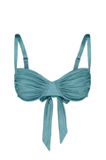 Teal gathered top with ruched bust and front tie, featuring adjustable straps and a sleek, satin-like finish.