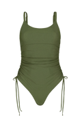 Olive green ruched one-piece swimsuit with side ties, front view, smooth stretch fabric, adjustable straps
