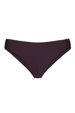 Plum-colored bikini bottom with smooth fabric and side ruching, front view, flat lay