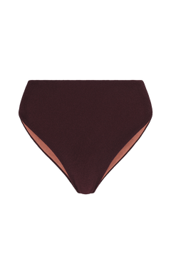 Dark brown high-leg bikini bottoms with textured fabric and terracotta lining, front view.
