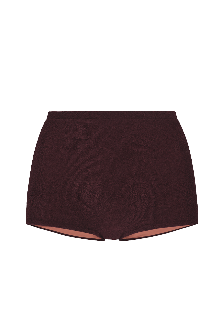 Sienna mini shorts in deep burgundy ribbed knit, front view with elastic waistband and exposed peach lining at hem.