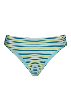 Striped bikini bottoms in blue, green, and white with ruched side ties, front view