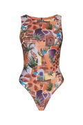 Terracotta boatneck one-piece with tropical mosaic print featuring palm fronds, starfish, and stone arches, front view
