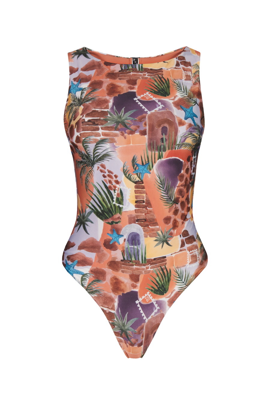 Terracotta boatneck one-piece with tropical mosaic print featuring palm fronds, starfish, and stone arches, front view