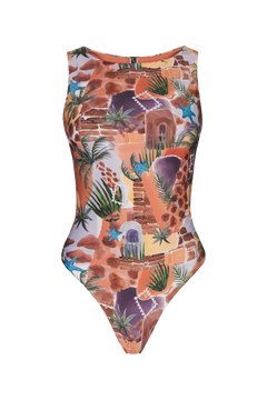 Terracotta boatneck one-piece with tropical mosaic print featuring palm fronds, starfish, and stone arches, front view