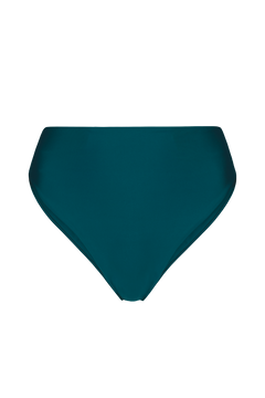 Teal high-leg bikini bottoms with smooth fabric, front view, solid color, minimalist design