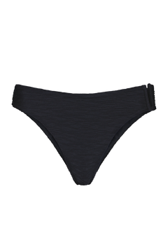 Black textured bikini bottom with wave-like crinkle pattern, front view, minimal design